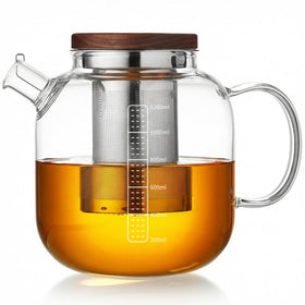 MESNEY glass teapot with lid and stay-cool handle for safe pouring.