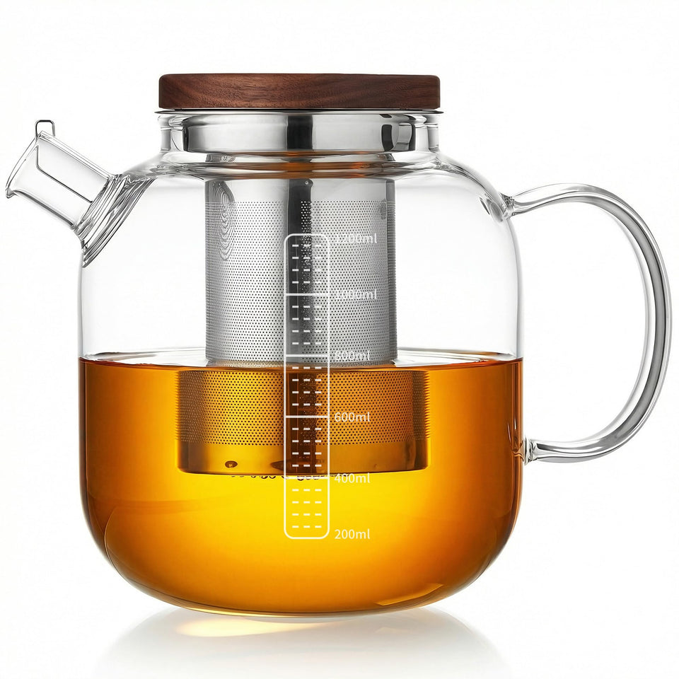 MESNEY glass teapot with lid and stay-cool handle for safe pouring.