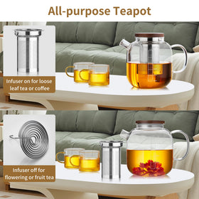 MESNEY glass teapot shown pouring hot tea with a cool-handled grip.