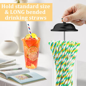 Mevtok acrylic dispenser shown with lid open for quick straw access.