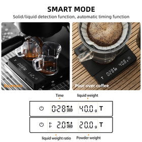 MHW-3BOMBER espresso scale liquid-detection view highlights smart timing.
