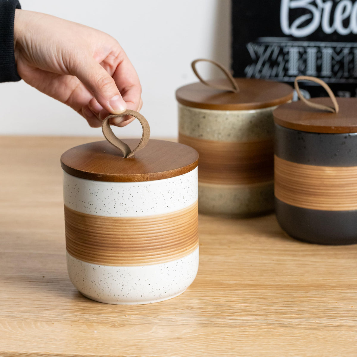 Miamolo spice jars with lid used for storing coffee beans in airtight container.