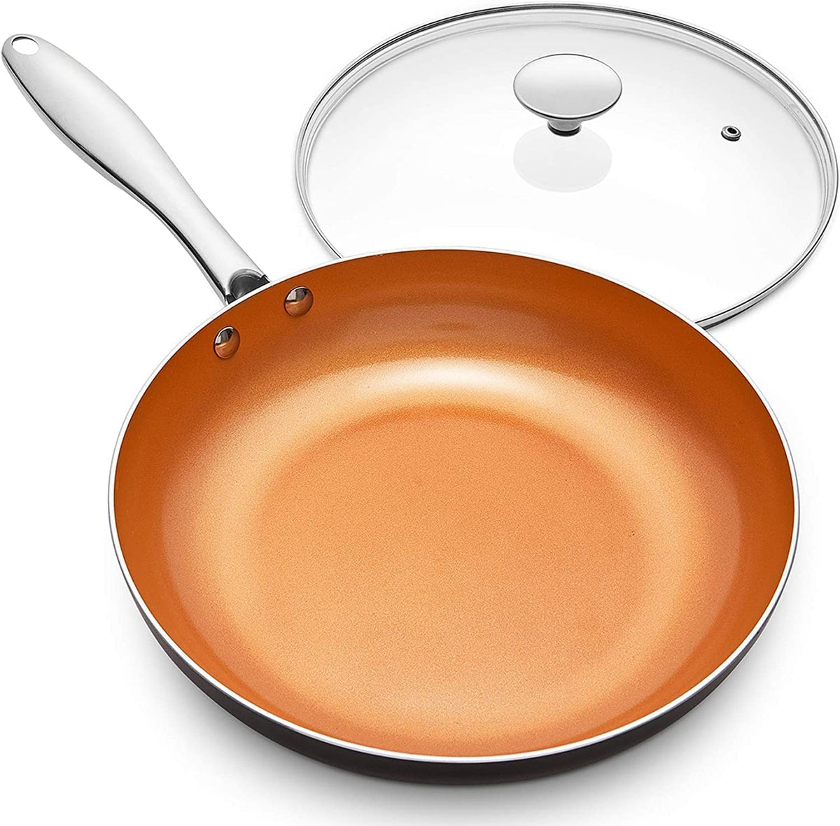 Michelangelo 12-inch copper frying pan with lid showing even heat distribution.