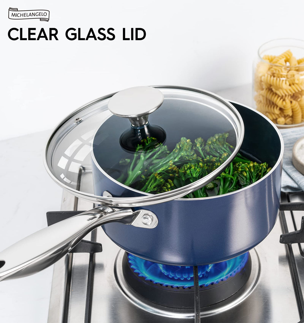 MICHELANGELO blue sauce pan set adds stylish kitchen art while performing daily tasks.