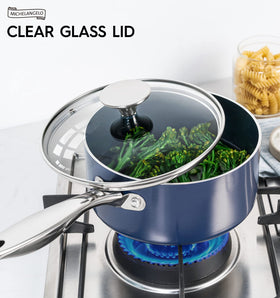 MICHELANGELO blue sauce pan set adds stylish kitchen art while performing daily tasks.