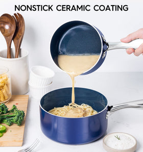 Michelangelo blue exterior saucepan close-up showing chip-resistant ceramic finish.