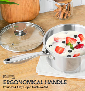 Michelangelo saucepan bottom with heat-distribution disc for even cooking.
