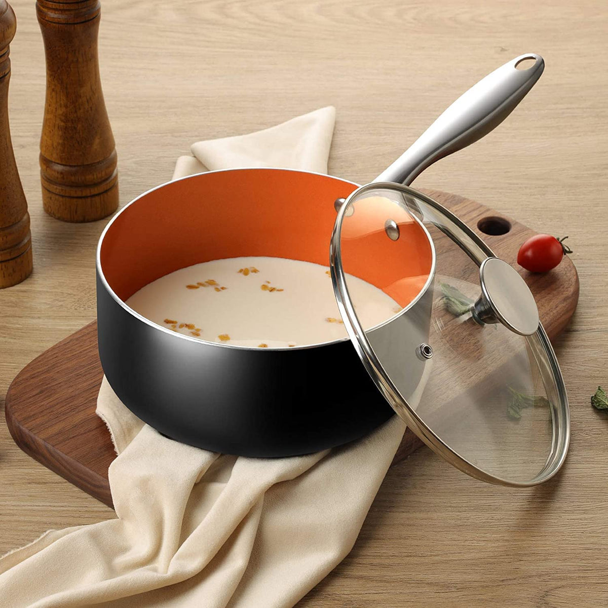 Michelangelo saucepan ceramic nonstick coating close-up highlights easy food release