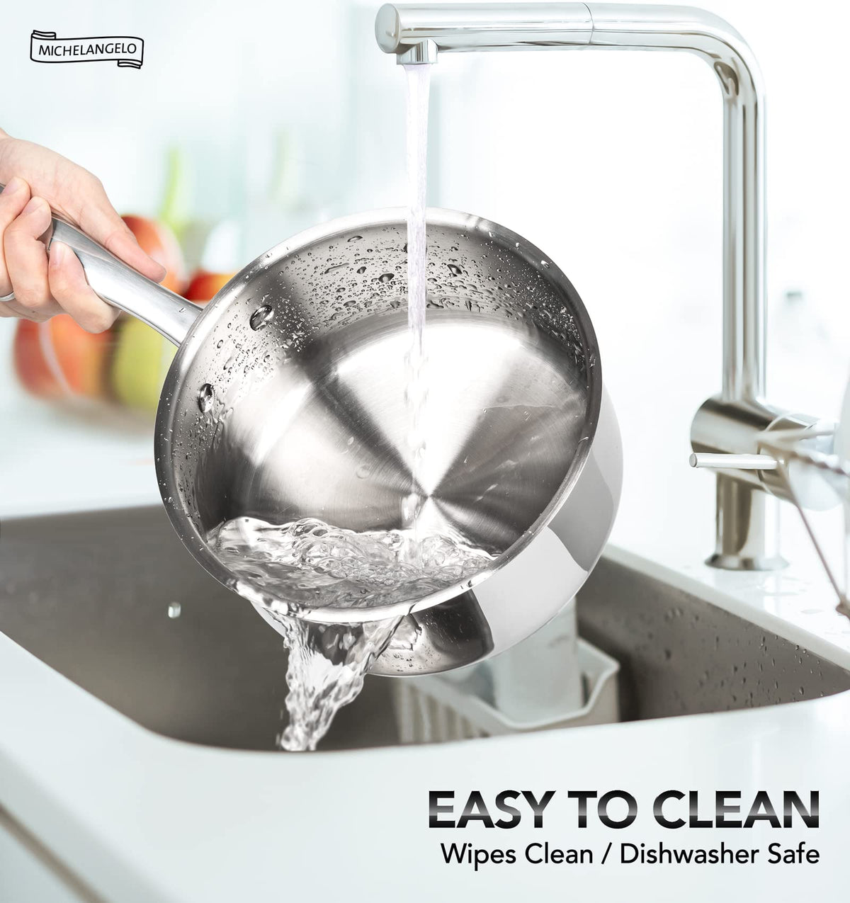 Michelangelo saucepan cool-grip handle for safe, comfortable lifting.