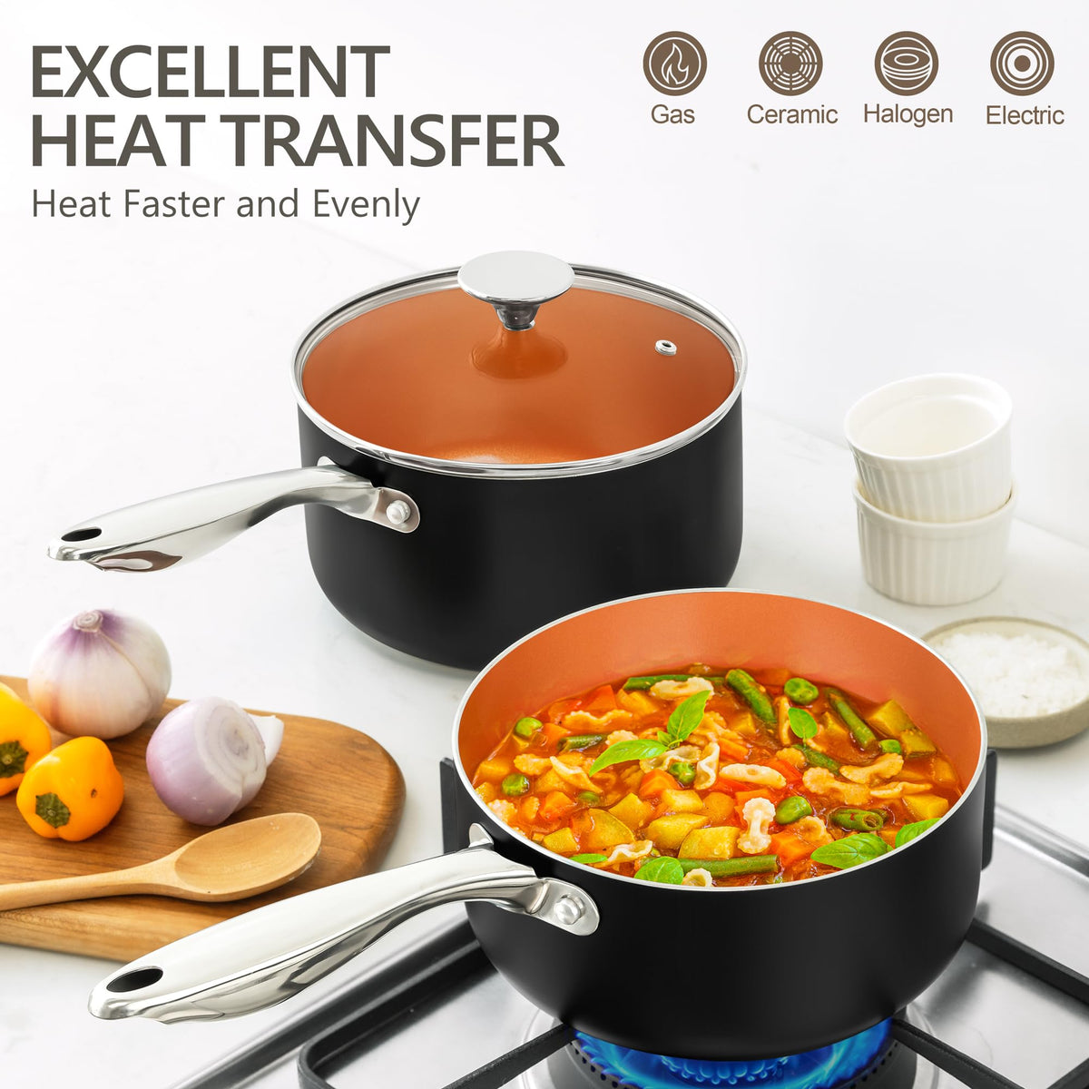 Michelangelo 3qt sauce pan with lid suitable for generous portions and even simmering.