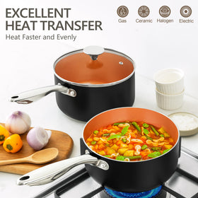 Michelangelo 3qt sauce pan with lid suitable for generous portions and even simmering.