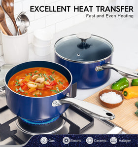 Michelangelo saucepan with stainless steel handle for comfortable cooking control.