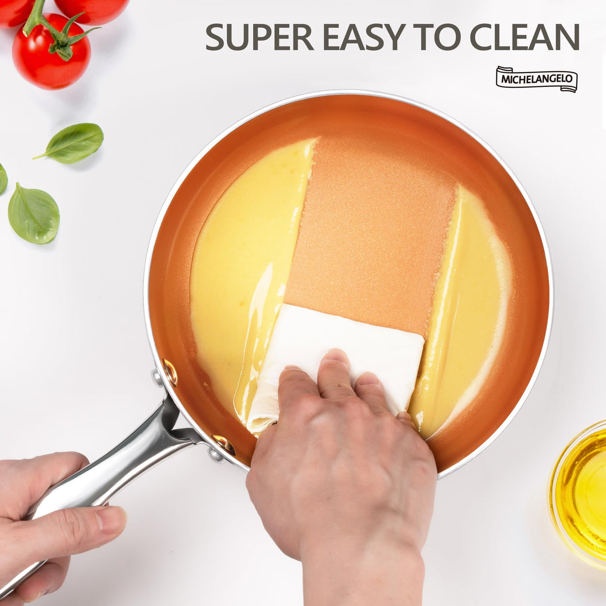 Michelangelo saucepan triple-base heat distribution promotes even cooking