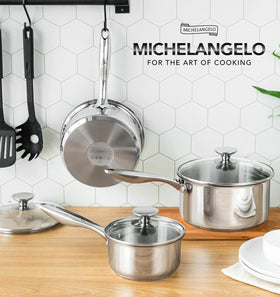 MICHELANGELO Triply mirror-finish stainless steel pans on countertop