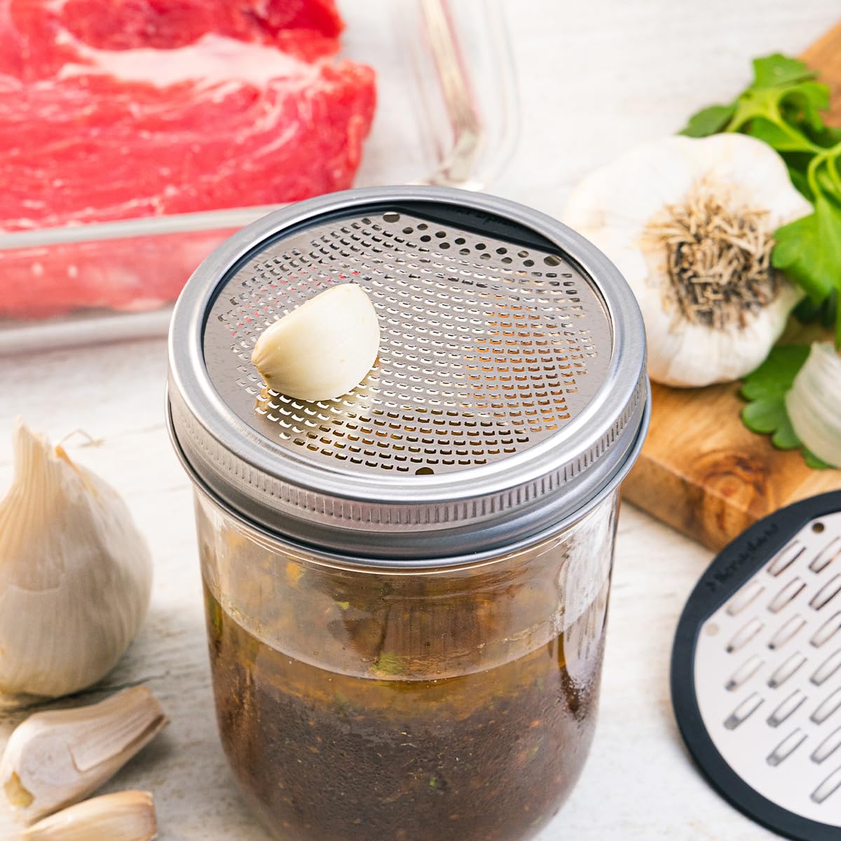 Wide-mouth jar compatibility lets you grate directly into jars for storage.