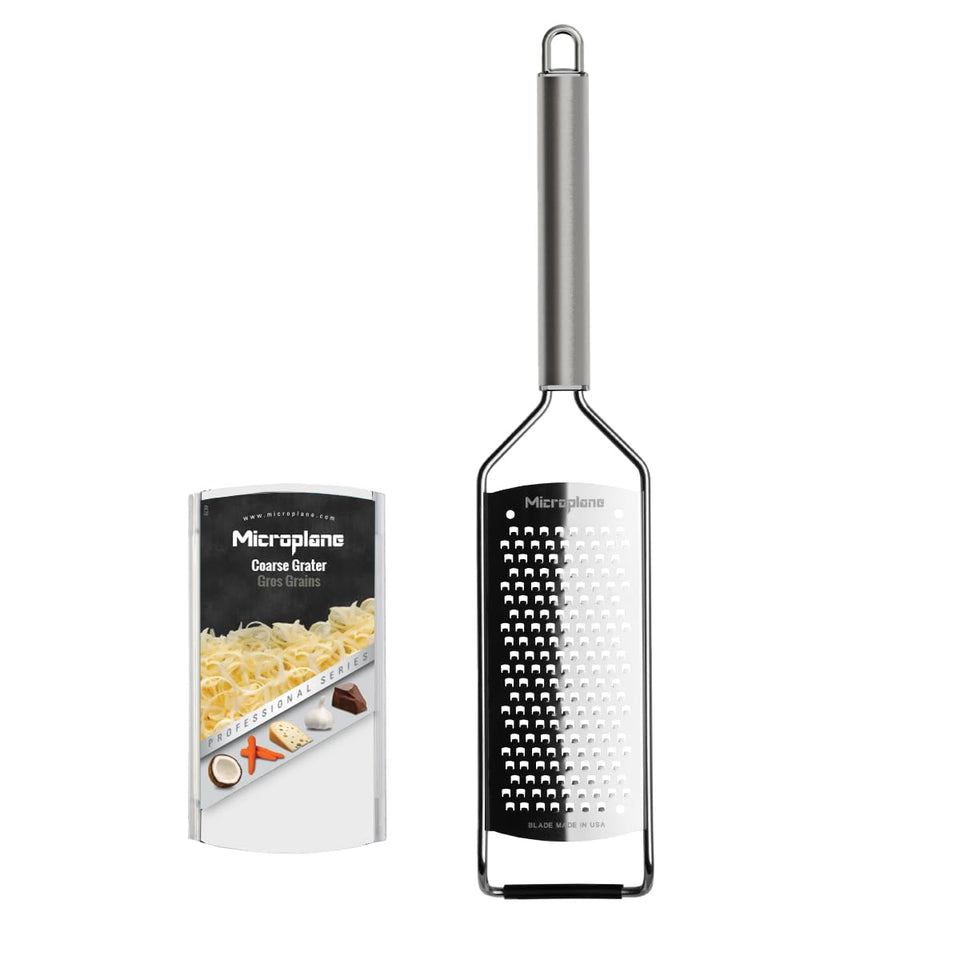 Microplane Professional Series coarse grater blade for precise cheese and vegetable shredding.