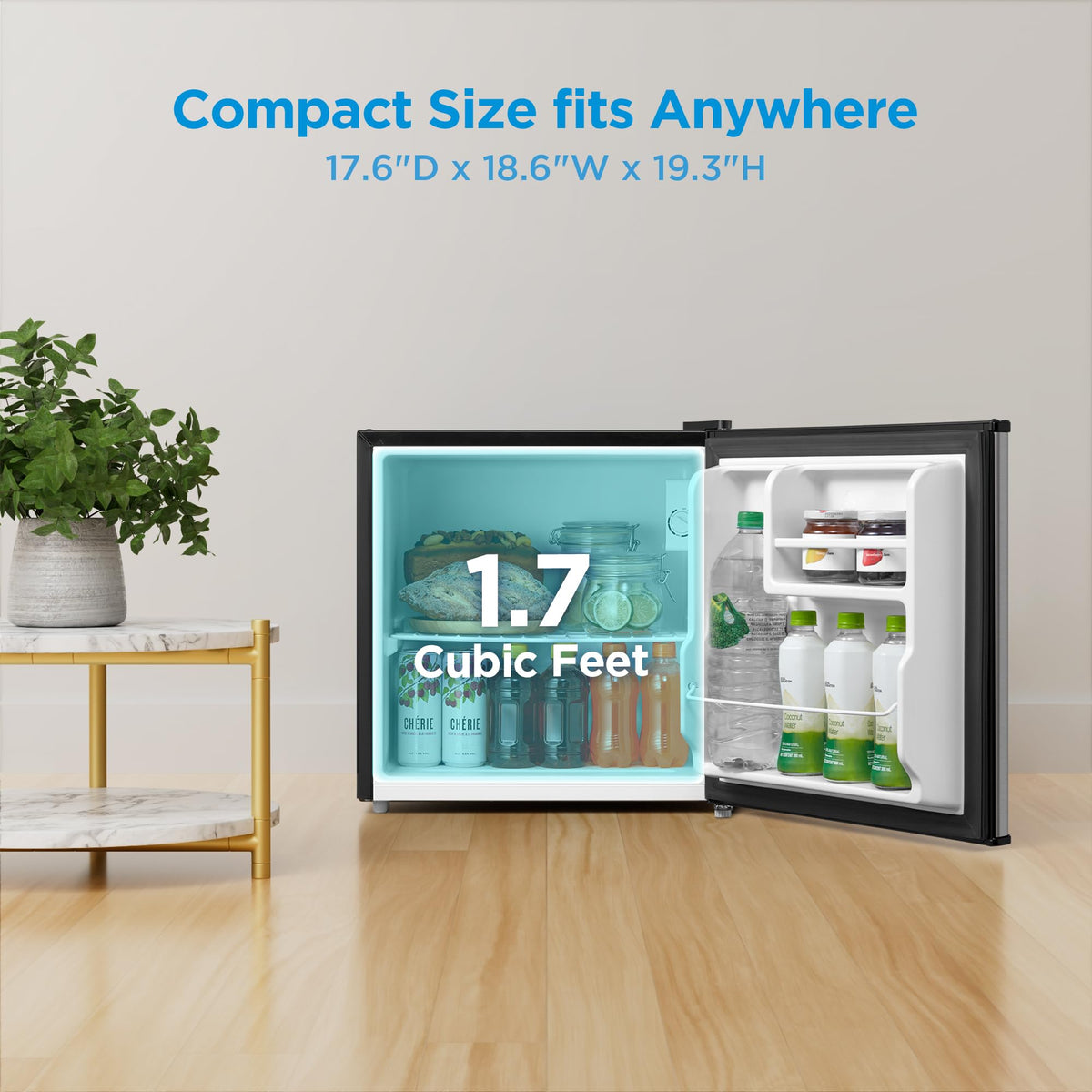 Midea MERM17B0ASL interior shelves show versatile storage for snacks and drinks.