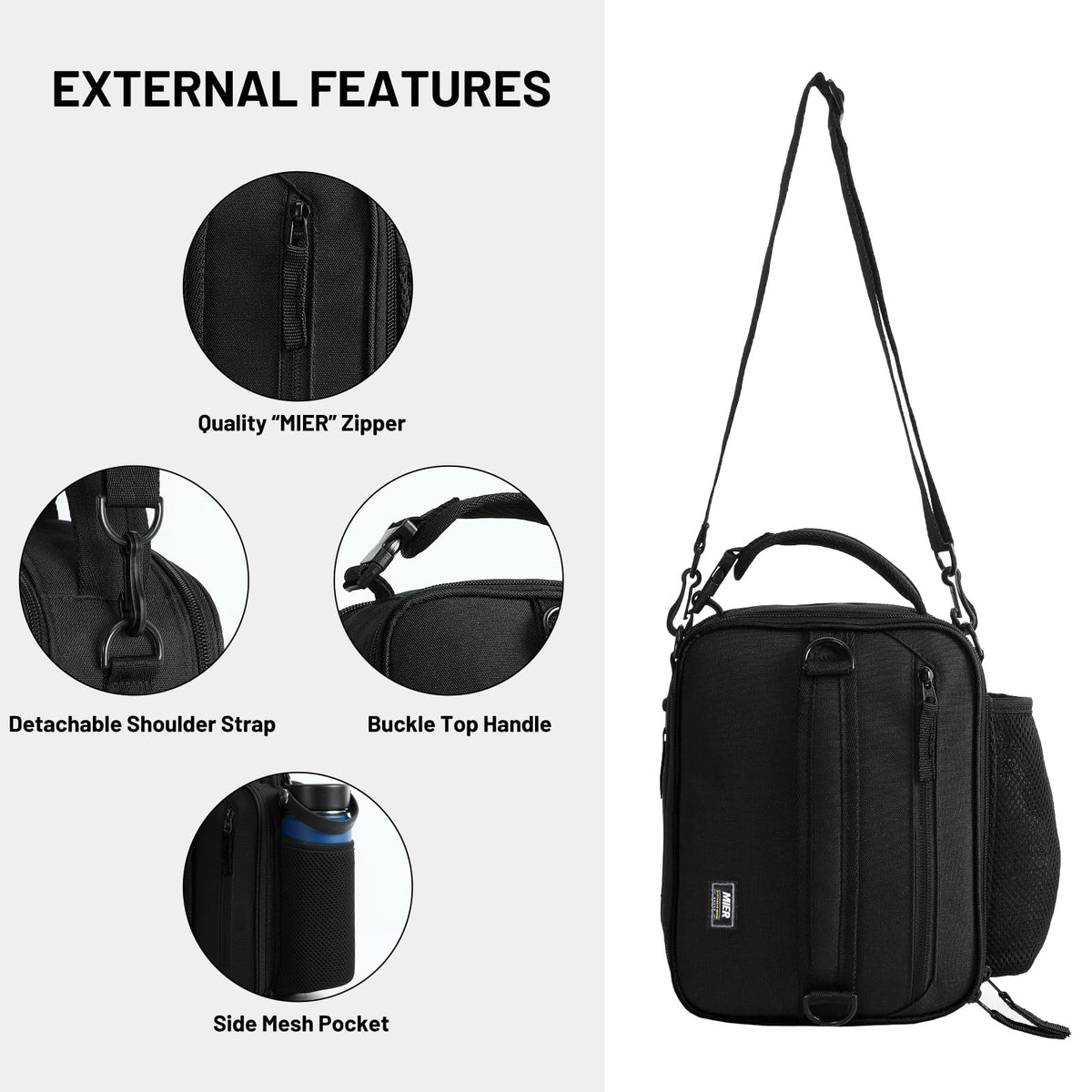 MIER front pocket, side mesh, and bottle holder for organization