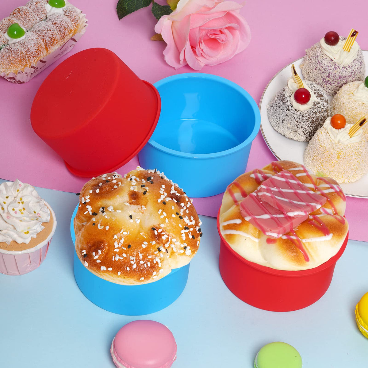 Mifengda bakeware silicone molds ideal for cakes and breads red round 4-inch.