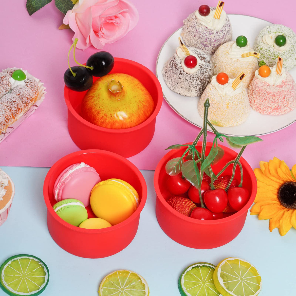 Mifengda easy-release silicone molds 4-inch red ideal for quick cake projects.