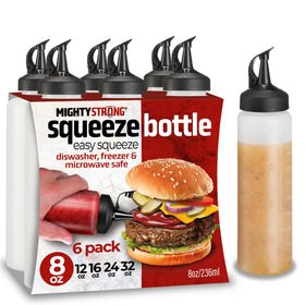 MIGHTY STRONG condiment squeeze bottle side view for precise pouring and mess-free grilling.