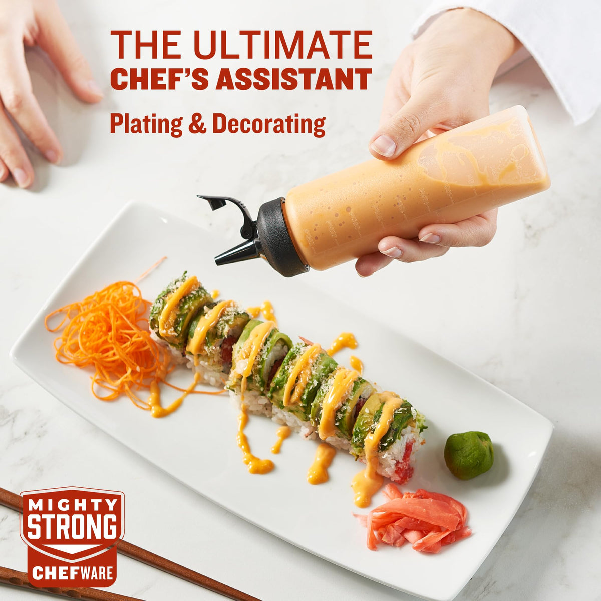 MIGHTY STRONG bottle with measurement markings enables accurate dosing in recipes.
