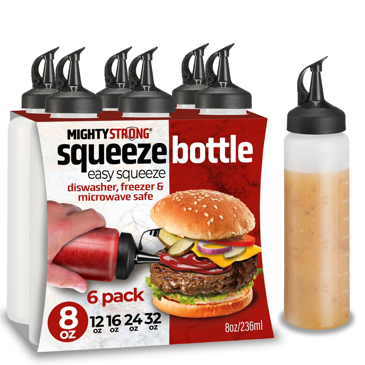 MIGHTY STRONG 4-pack bottles with easy pour cap for mess-free sauce application.