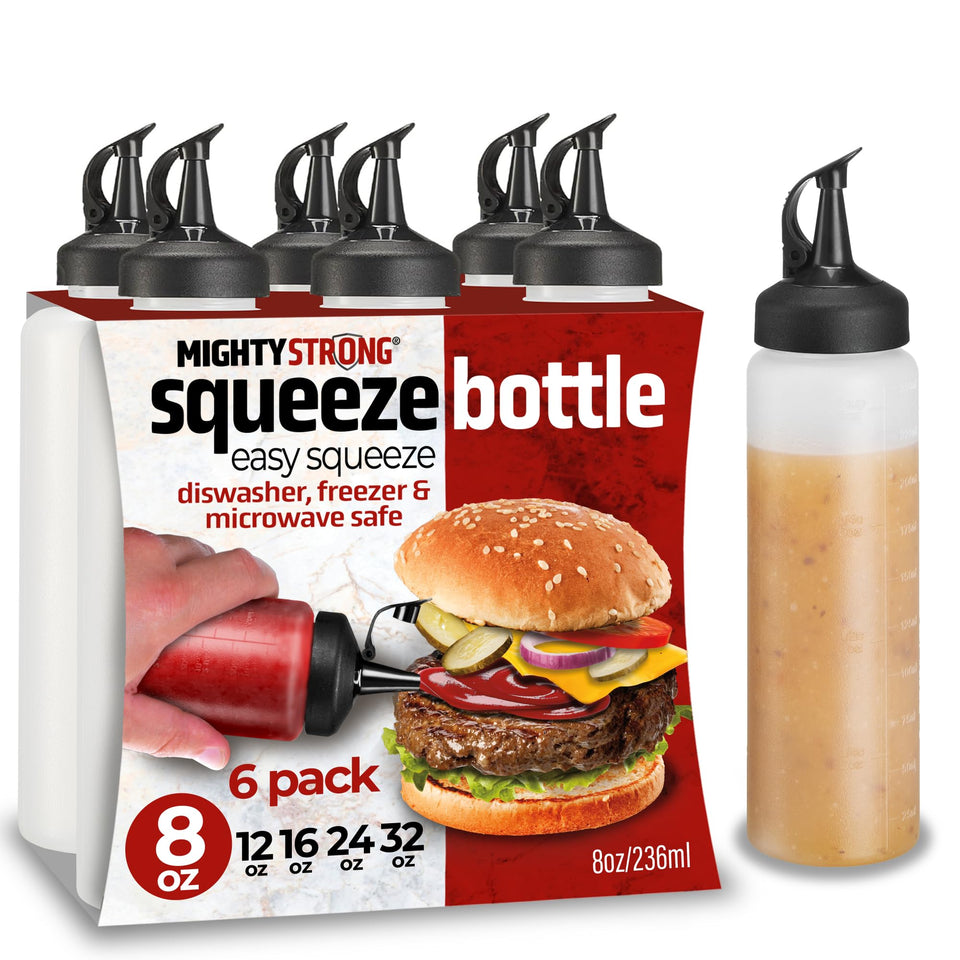 MIGHTY STRONG 4-pack bottles with easy pour cap for mess-free sauce application.