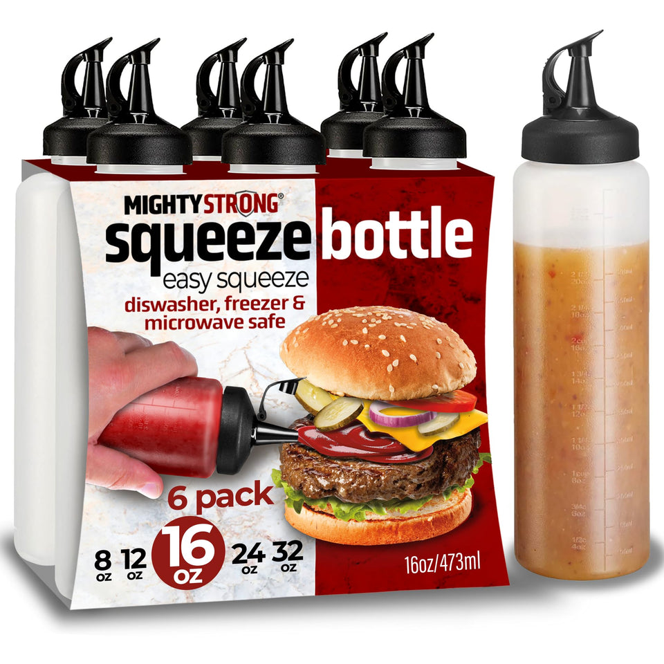 MIGHTY STRONG six-pack condiment bottles pouring sauce for easy dispensing.
