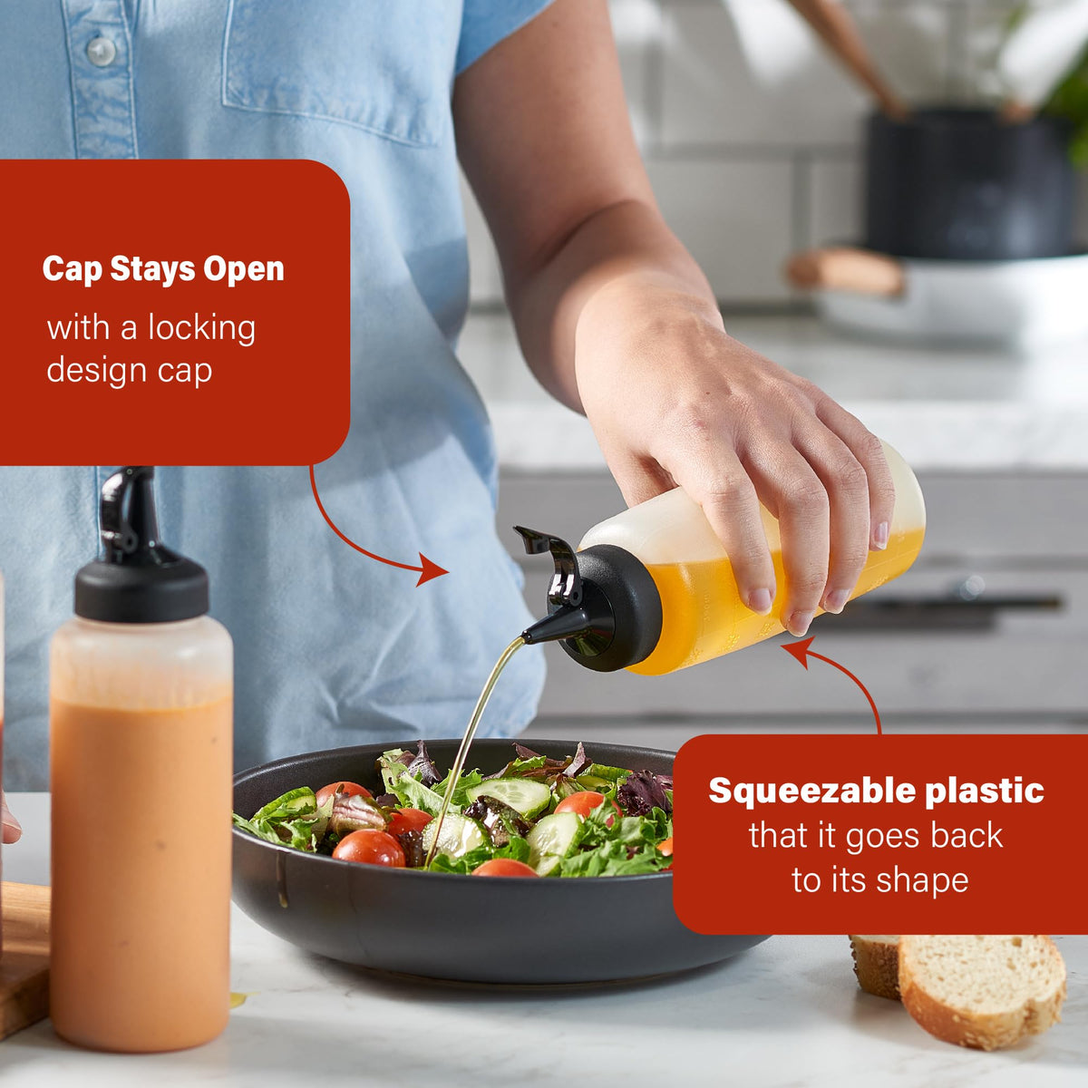 Wide-opening bottles simplify filling and cleaning after cooking tasks.