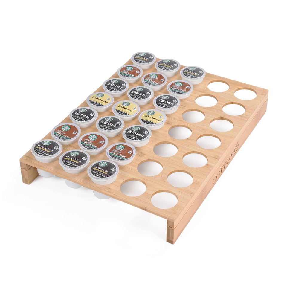 MinBoo bamboo K-Cup holder, top view, keeps pods neatly organized for quick access