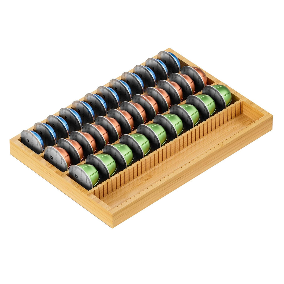 MinBoo bamboo pod drawer insert organizes Vertuo capsules on a kitchen counter