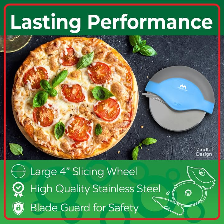 Mindful Design blue pizza cutter blade stays sharp for precise slicing.