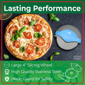 Mindful Design blue pizza cutter blade stays sharp for precise slicing.