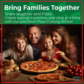 Mindful Design blue pizza cutter with safety blade cover for safe handling.