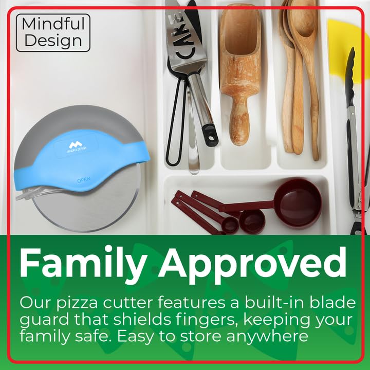 Mindful Design blue slicer glides through pizza for quick serving.