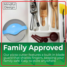 Mindful Design blue slicer glides through pizza for quick serving.