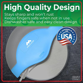 Mindful Design blue pizza cutter stores neatly in drawers.
