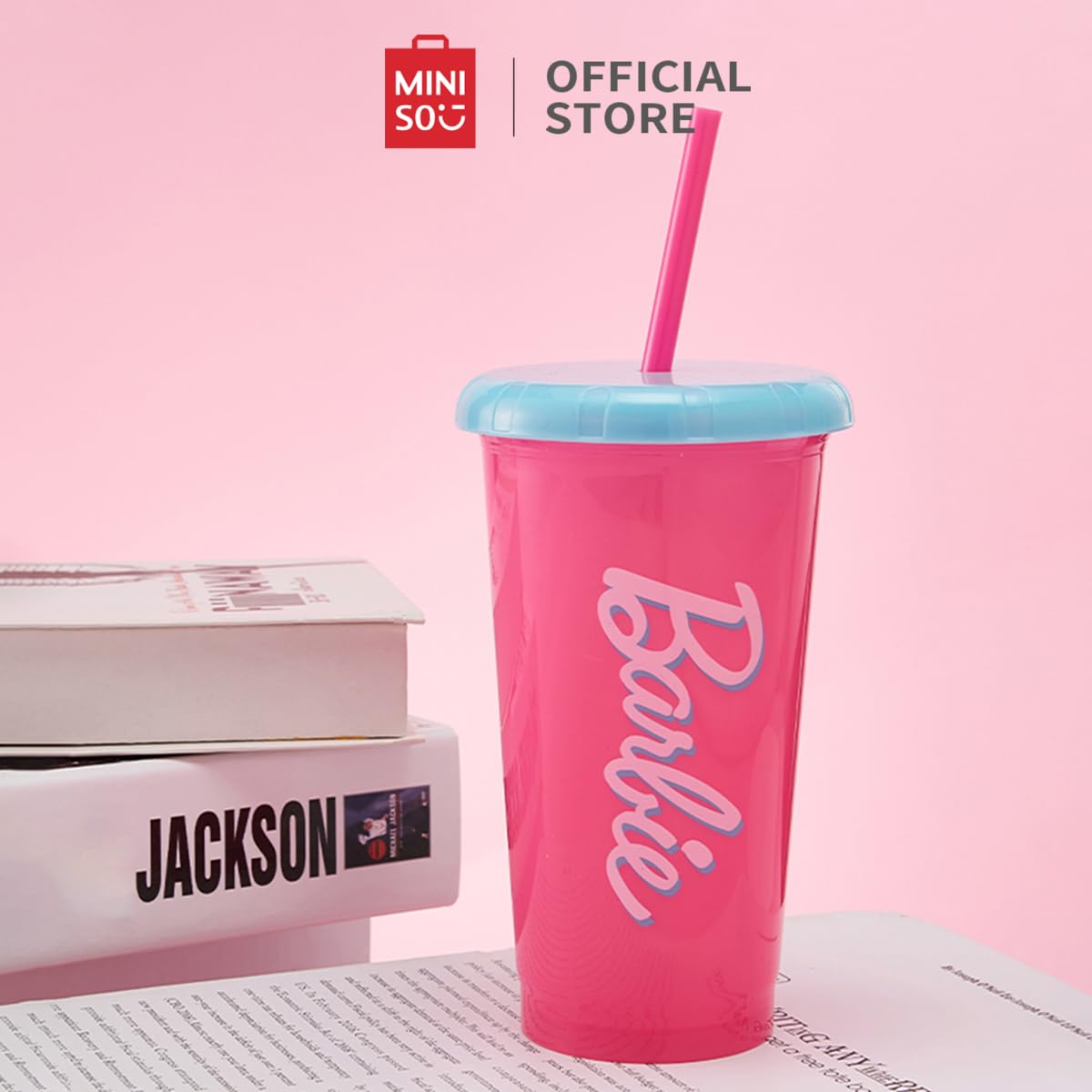 MINISO Barbie iced coffee tumbler in use, showcasing leak-resistant design