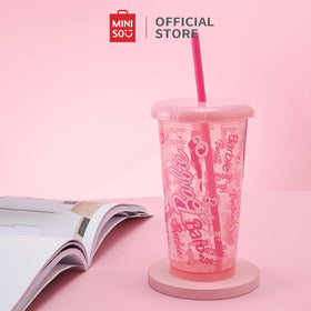 MINISO Barbie tumbler at desk, easy to stay hydrated during work