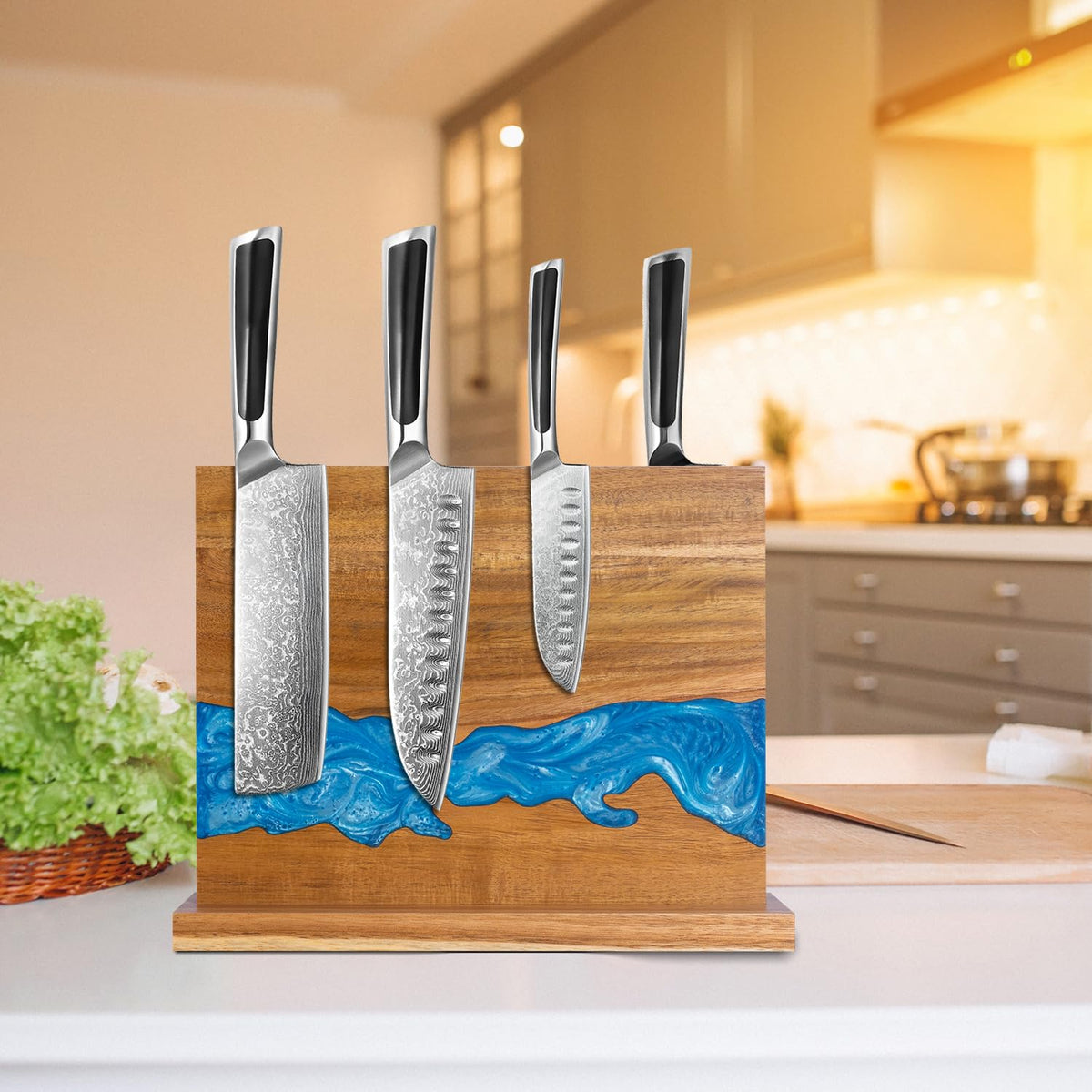 Minyuexia acacia wood knife storage stand keeps blades organized and ready.