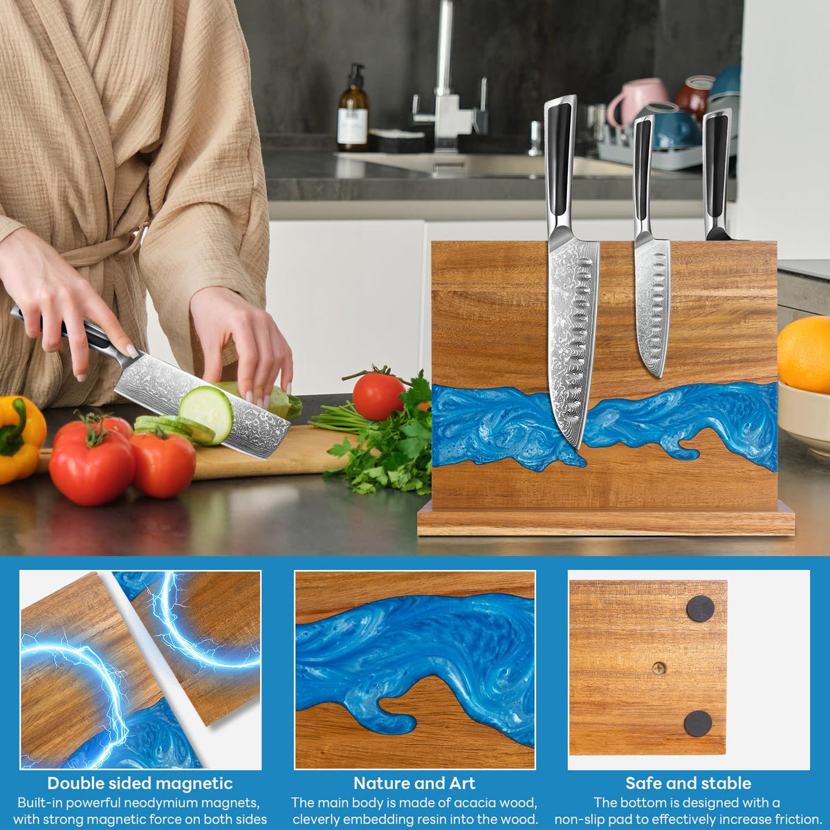 Minyuexia magnetic knife block with blue resin river adds artful storage and organization.