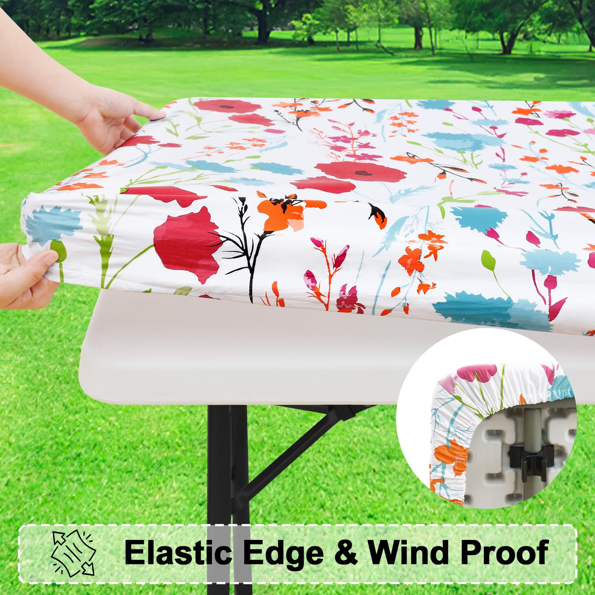 Misaya elastic edge closeup shows snug fit on a 6-foot table.