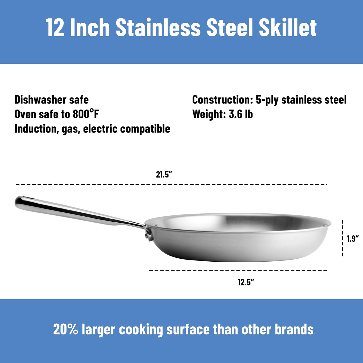Misen 5-Ply 12-inch frying pan wide cooking surface accommodates multiple ingredients