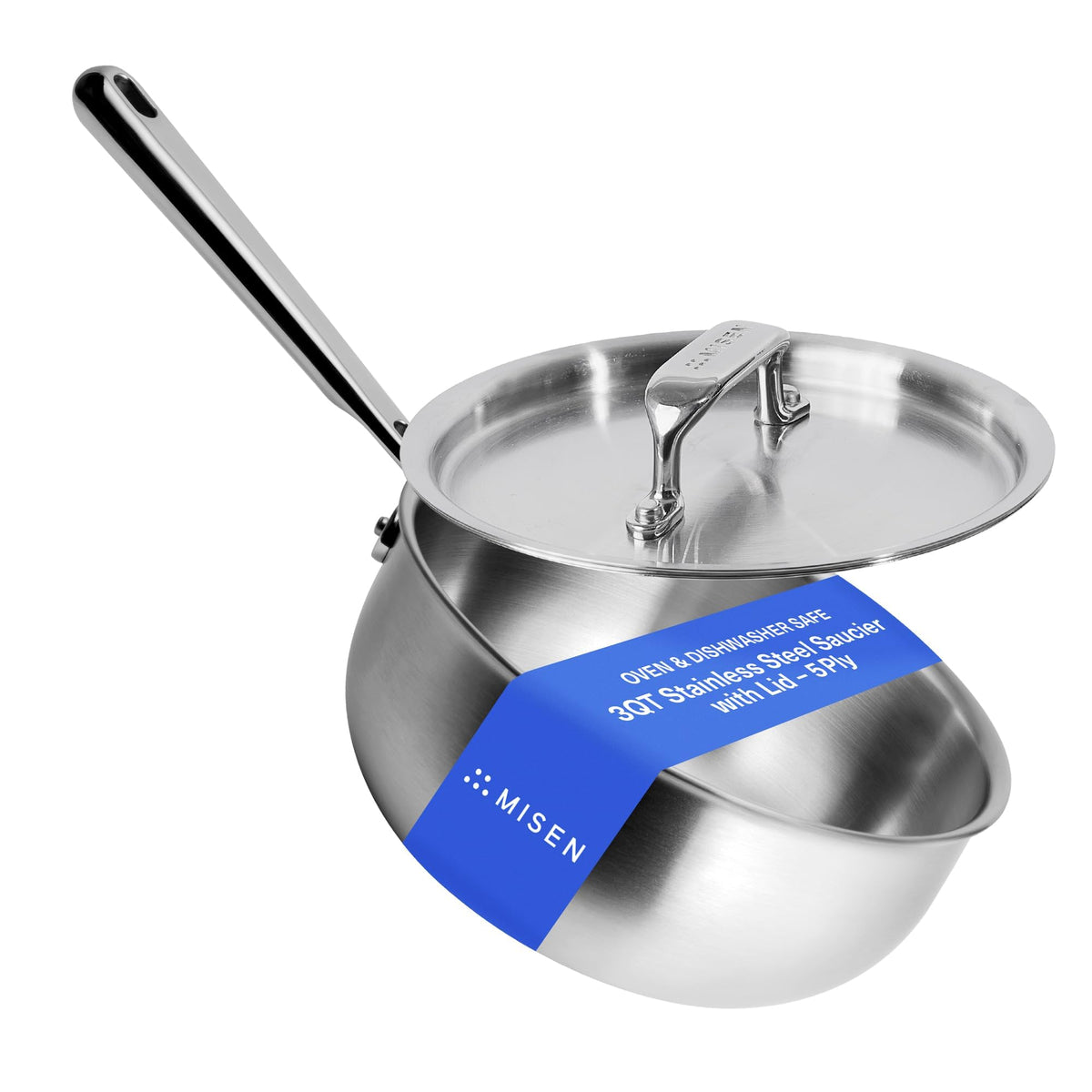 Misen 5-Ply Saucier with Lid shows curved bottom for smooth stirring and even heating.