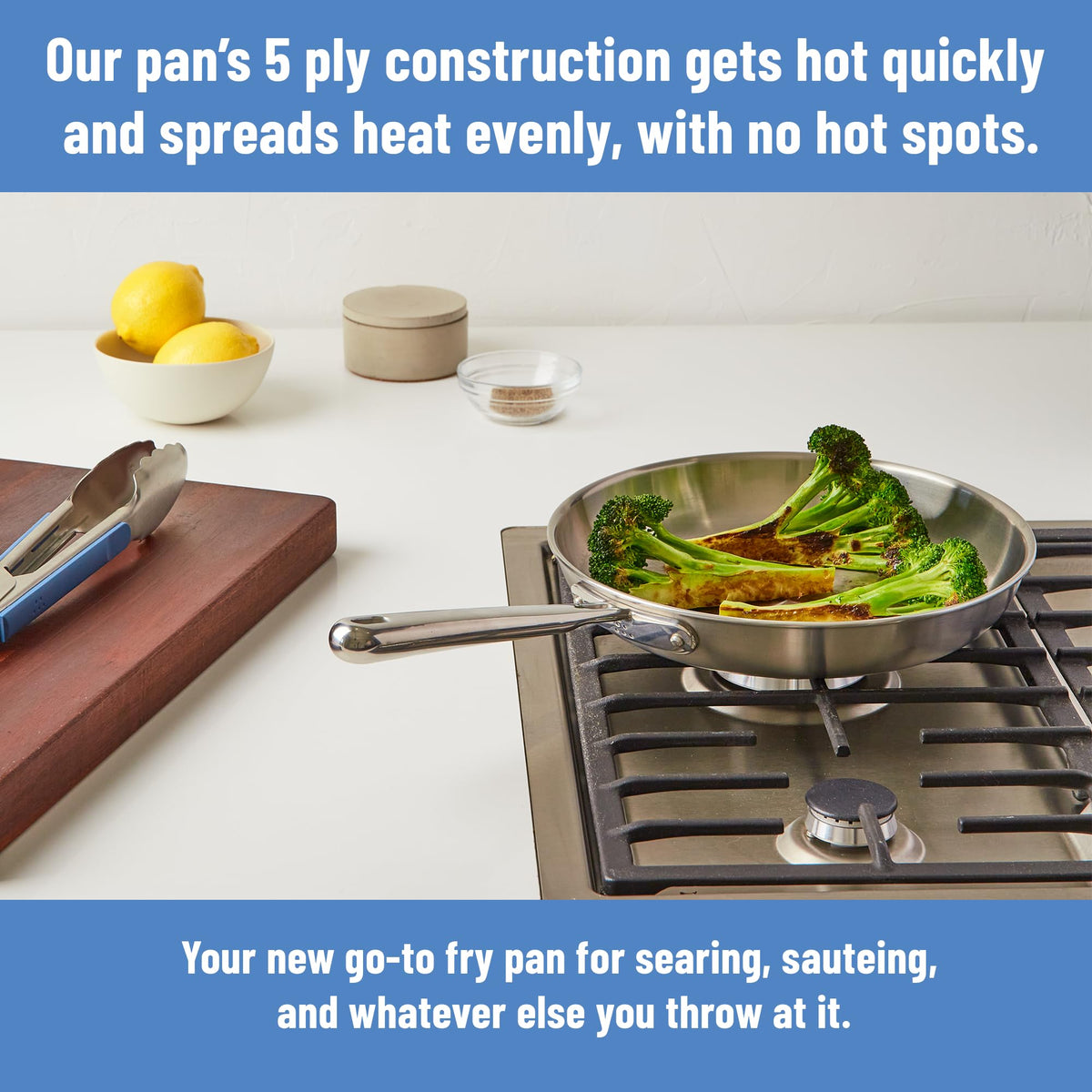 Misen 5-Ply cross-section reveals layered steel and aluminum for even heat distribution.