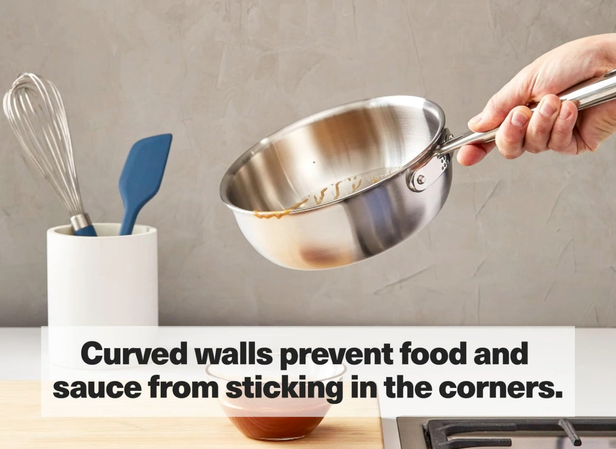 Misen saucier is induction-compatible for versatile cooking needs.