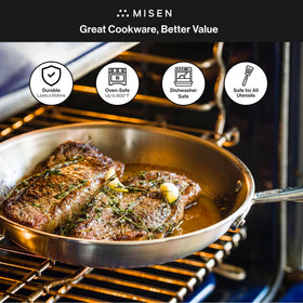 Misen 8-inch pan sears steak evenly with a rich crust.