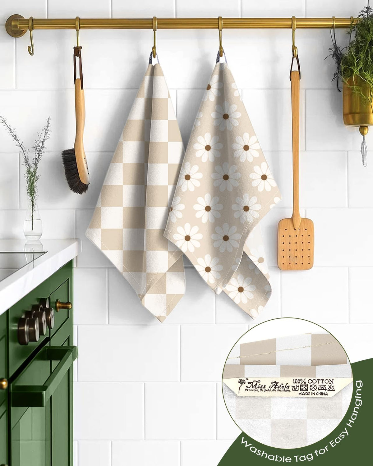 Miss Adola flour sack towels hanging loop detail for easy air drying and storage