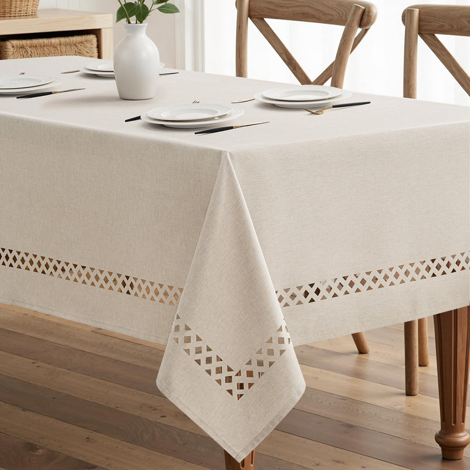 MIULEE beige rectangle tablecloth with decorative cutouts enhances dining ambiance